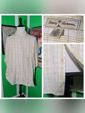 Tommy Bahama Men’s XXL Plaid Tencel Short Sleeve Button Up Shirt Beige Casual